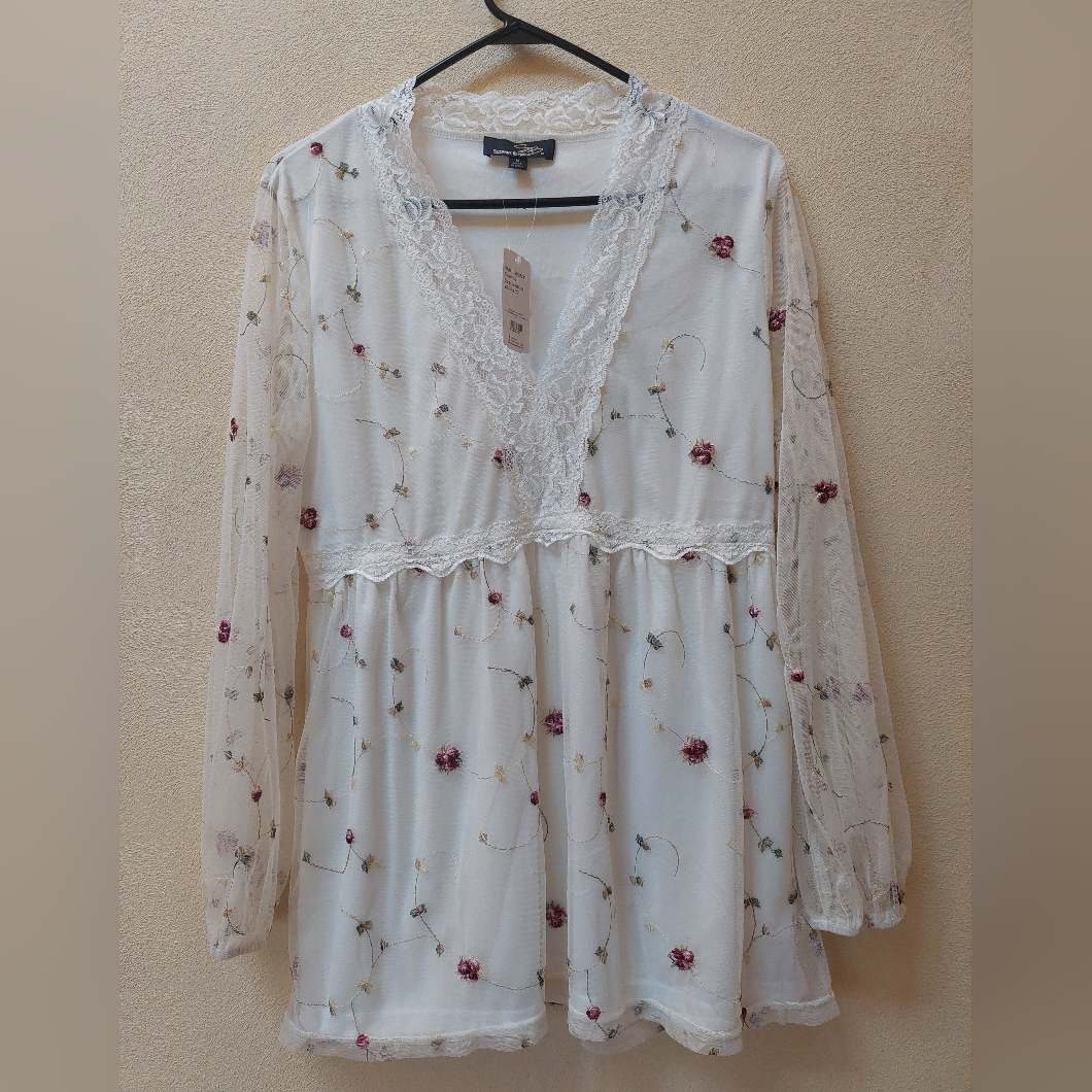 Suzanne Betro Sheer Sleeved Top Size Medium.